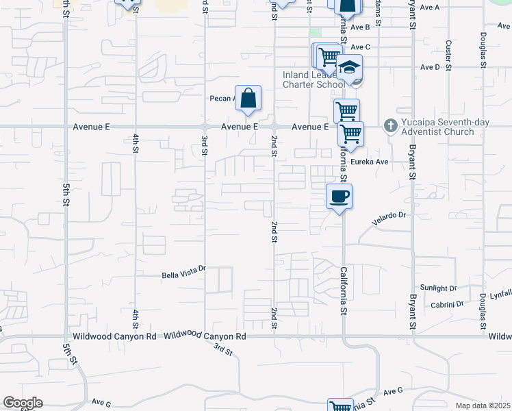 map of restaurants, bars, coffee shops, grocery stores, and more near 12700 2nd Street in Yucaipa