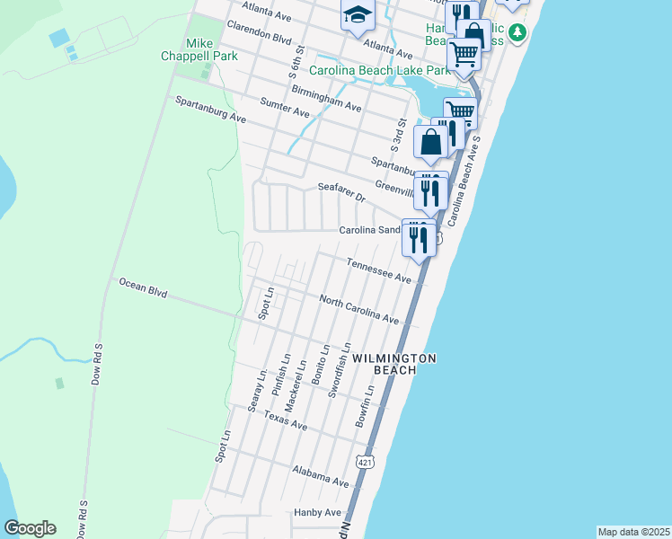 map of restaurants, bars, coffee shops, grocery stores, and more near 503 Tennessee Avenue in Carolina Beach