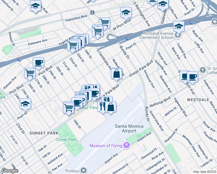 map of restaurants, bars, coffee shops, grocery stores, and more near 2682 34th Street in Santa Monica