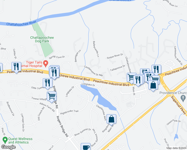 map of restaurants, bars, coffee shops, grocery stores, and more near 2291 Castlemaine Drive Northwest in Duluth