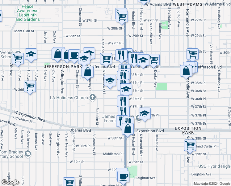 map of restaurants, bars, coffee shops, grocery stores, and more near 1742 West 36th Street in Los Angeles