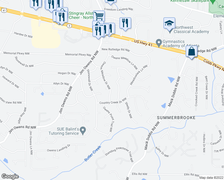 map of restaurants, bars, coffee shops, grocery stores, and more near 2964 Owens Meadow Drive Northwest in Kennesaw