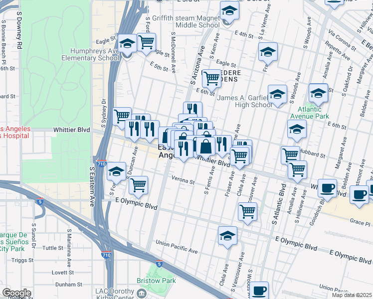 map of restaurants, bars, coffee shops, grocery stores, and more near 4729 Whittier Boulevard in East Los Angeles