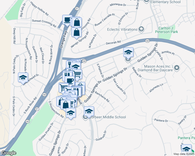 map of restaurants, bars, coffee shops, grocery stores, and more near 23653 Golden Springs Drive in Diamond Bar