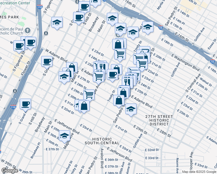 map of restaurants, bars, coffee shops, grocery stores, and more near 426 East Adams Boulevard in Los Angeles