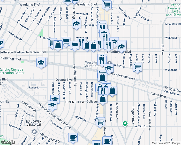 map of restaurants, bars, coffee shops, grocery stores, and more near 3625 Somerset Drive in Los Angeles
