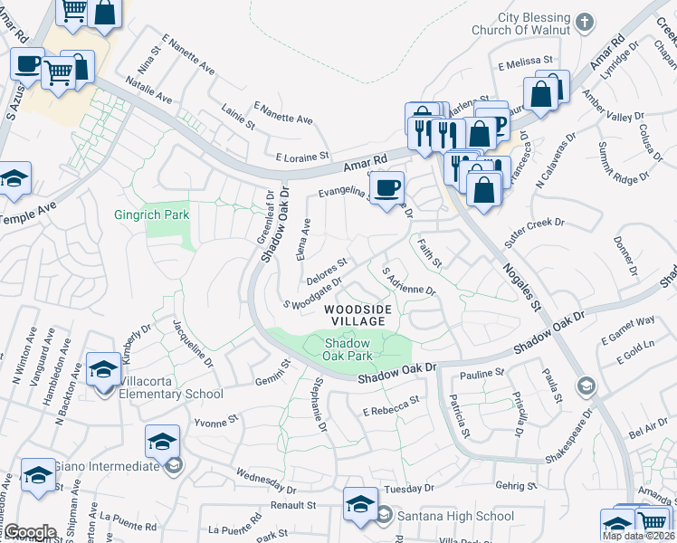 map of restaurants, bars, coffee shops, grocery stores, and more near 2056 Delores Street in West Covina