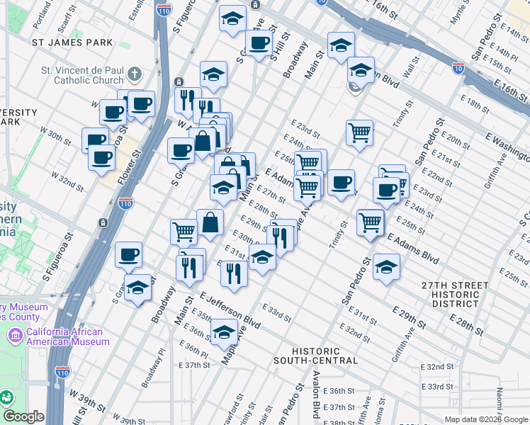map of restaurants, bars, coffee shops, grocery stores, and more near 119 East 28th Street in Los Angeles