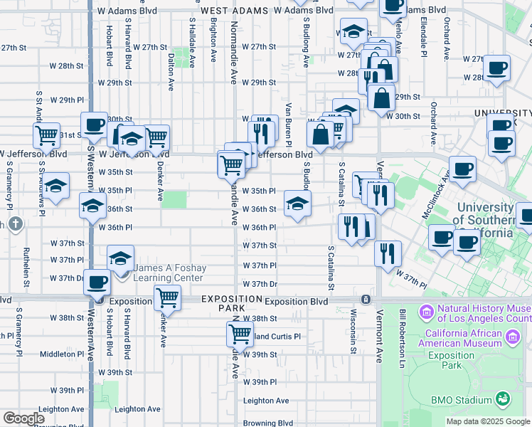 map of restaurants, bars, coffee shops, grocery stores, and more near 1330 West 36th Street in Los Angeles