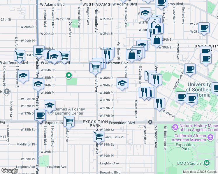 map of restaurants, bars, coffee shops, grocery stores, and more near 1330 West 36th Street in Los Angeles
