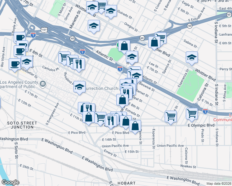 map of restaurants, bars, coffee shops, grocery stores, and more near 3317 East 8th Street in Los Angeles