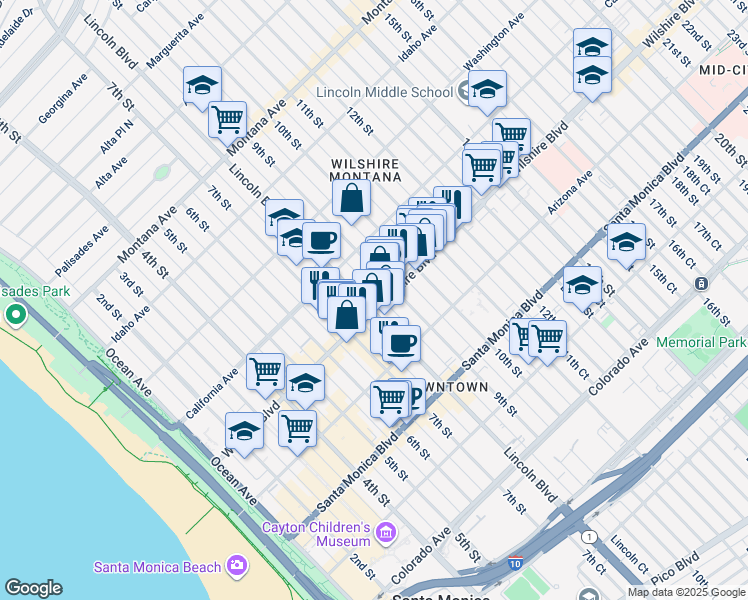 map of restaurants, bars, coffee shops, grocery stores, and more near 829 Wilshire Boulevard in Santa Monica
