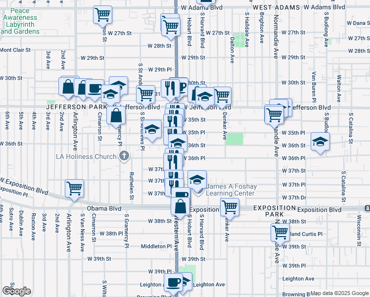map of restaurants, bars, coffee shops, grocery stores, and more near 1665 West 36th Street in Los Angeles