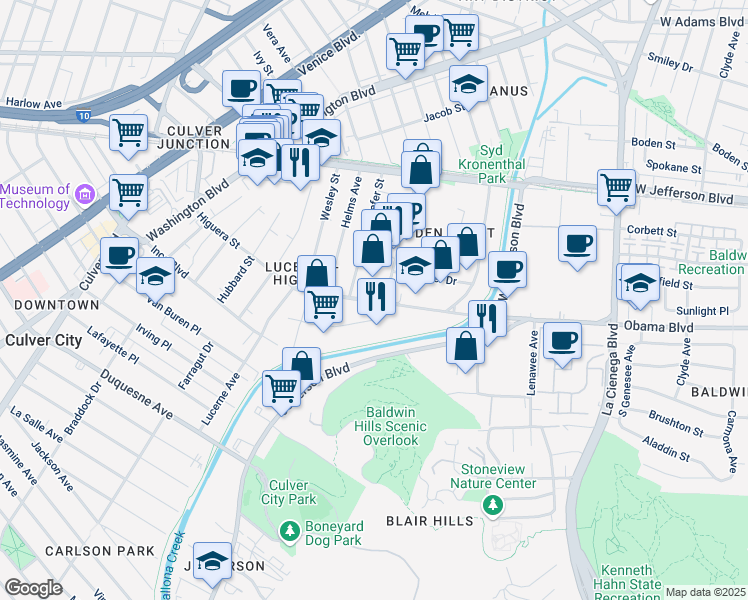 map of restaurants, bars, coffee shops, grocery stores, and more near 8567 Higuera Street in Culver City