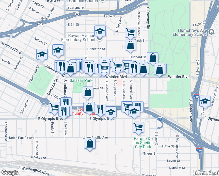 map of restaurants, bars, coffee shops, grocery stores, and more near 1000 South Eastman Avenue in Los Angeles
