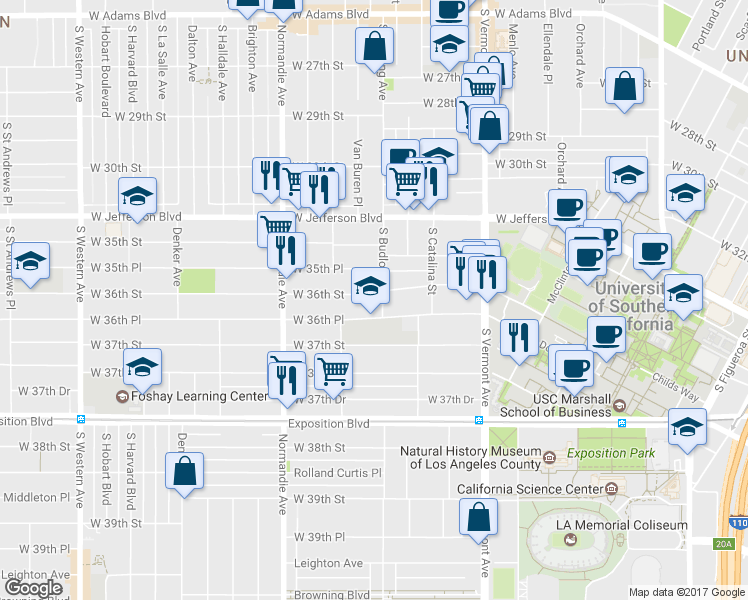 map of restaurants, bars, coffee shops, grocery stores, and more near 1249 West 36th Street in Los Angeles