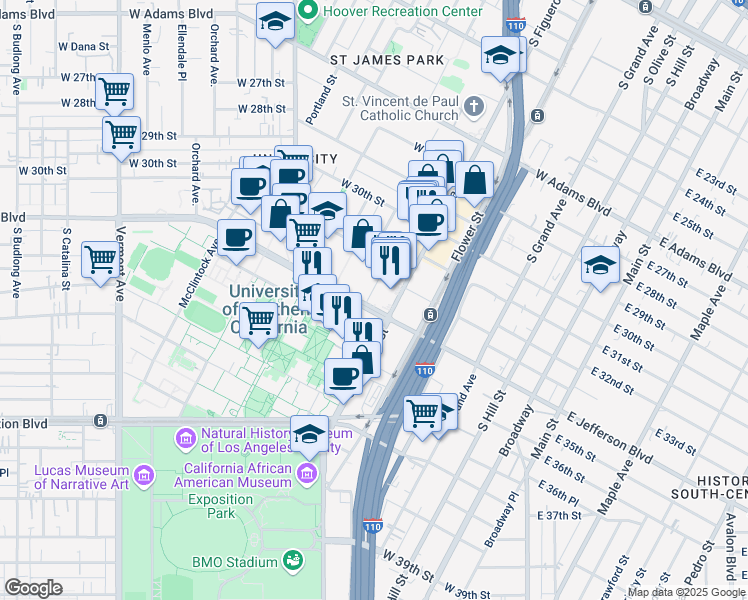 map of restaurants, bars, coffee shops, grocery stores, and more near 615 West Jefferson Boulevard in Los Angeles