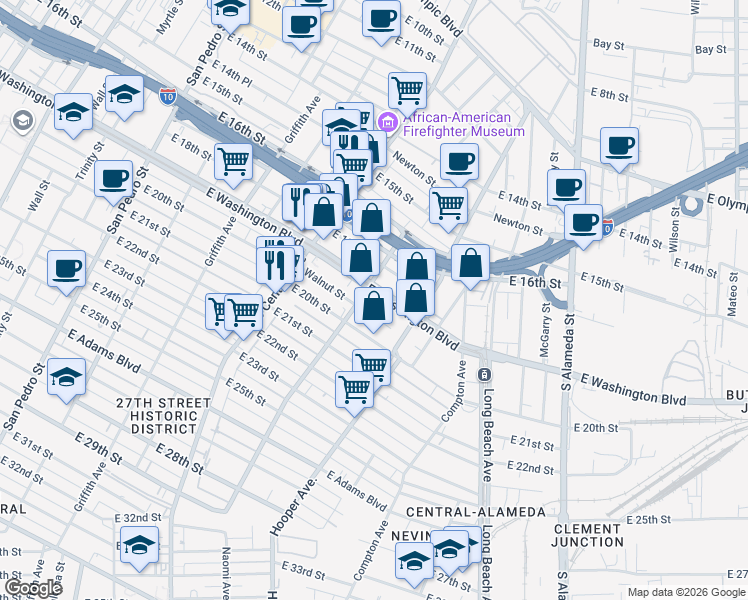 map of restaurants, bars, coffee shops, grocery stores, and more near 1402 East Washington Boulevard in Los Angeles