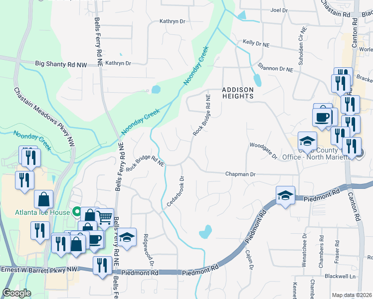 map of restaurants, bars, coffee shops, grocery stores, and more near 265 Vistawood Lane Northeast in Marietta
