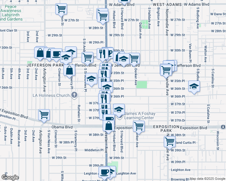 map of restaurants, bars, coffee shops, grocery stores, and more near 1665 West 36th Street in Los Angeles
