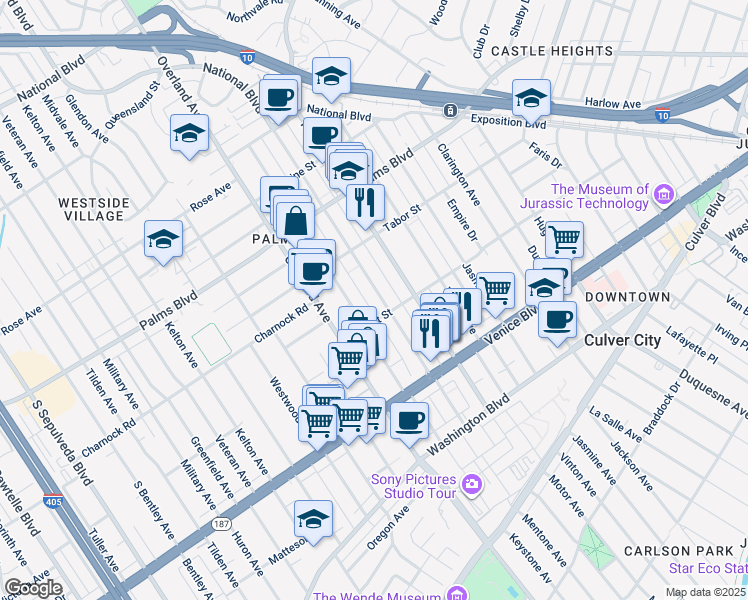 map of restaurants, bars, coffee shops, grocery stores, and more near 3662 Mentone Avenue in Los Angeles
