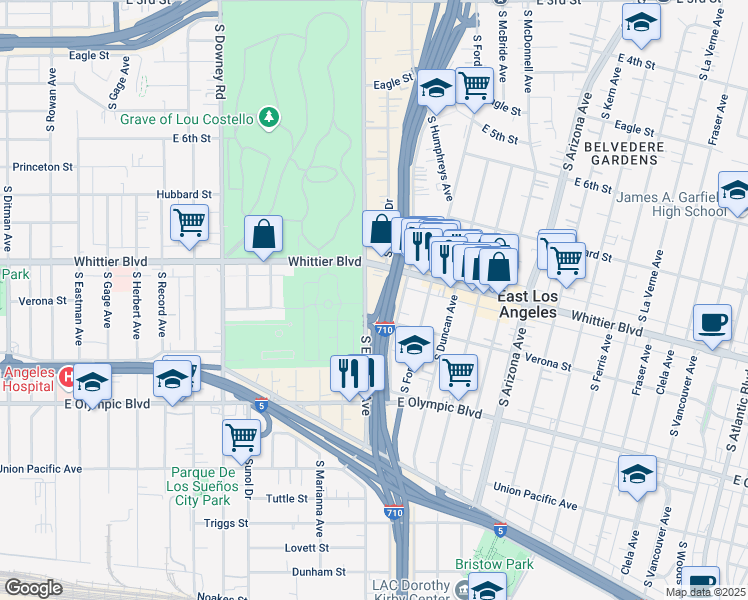 map of restaurants, bars, coffee shops, grocery stores, and more near 4414 Whittier Boulevard in East Los Angeles