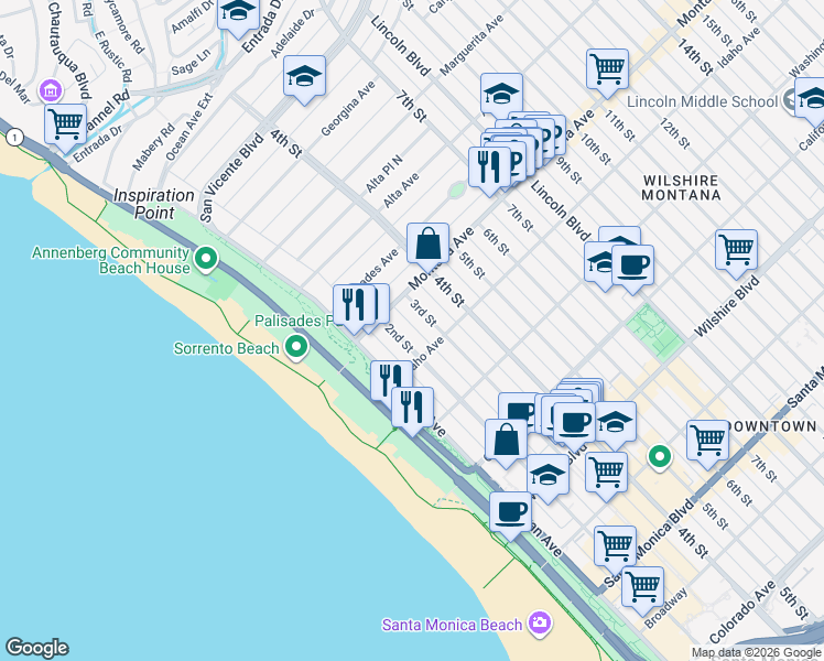map of restaurants, bars, coffee shops, grocery stores, and more near 831 2nd Street in Santa Monica