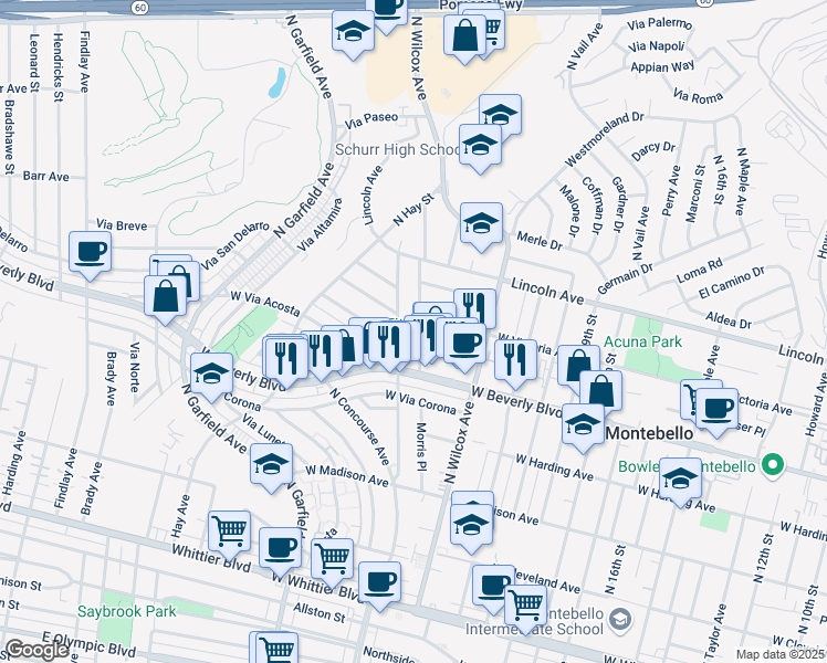 map of restaurants, bars, coffee shops, grocery stores, and more near 545 Morris Place in Montebello