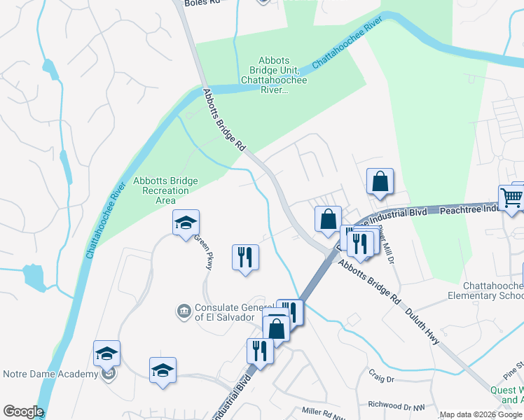 map of restaurants, bars, coffee shops, grocery stores, and more near 4349 Georgia 120 in Duluth