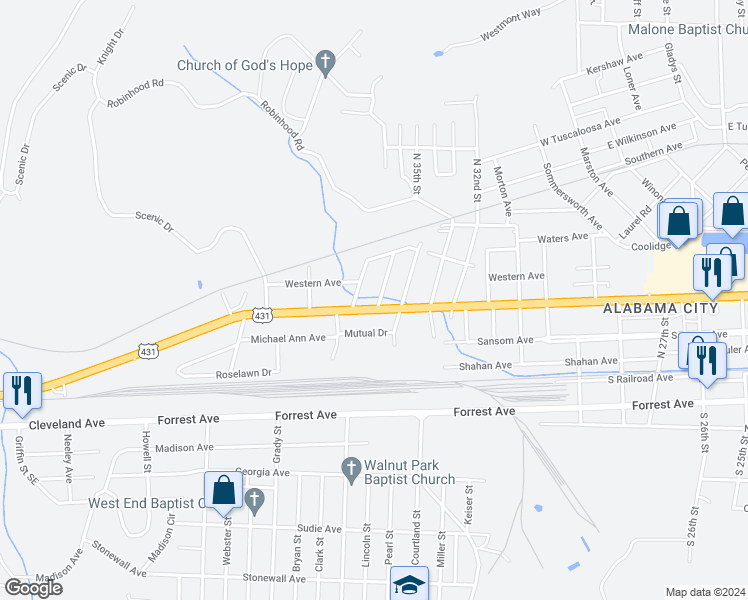 map of restaurants, bars, coffee shops, grocery stores, and more near 402 Hastings Street in Gadsden