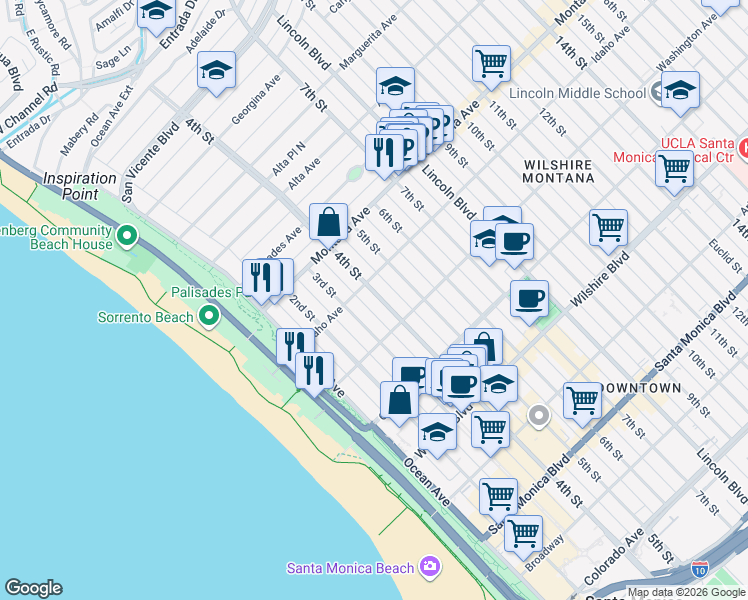 map of restaurants, bars, coffee shops, grocery stores, and more near 918 4th Street in Santa Monica
