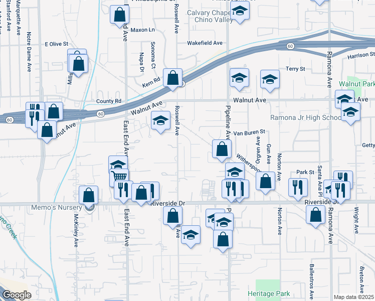 map of restaurants, bars, coffee shops, grocery stores, and more near 3955 Chaparral Drive in Chino