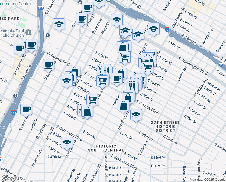 map of restaurants, bars, coffee shops, grocery stores, and more near 426 East Adams Boulevard in Los Angeles