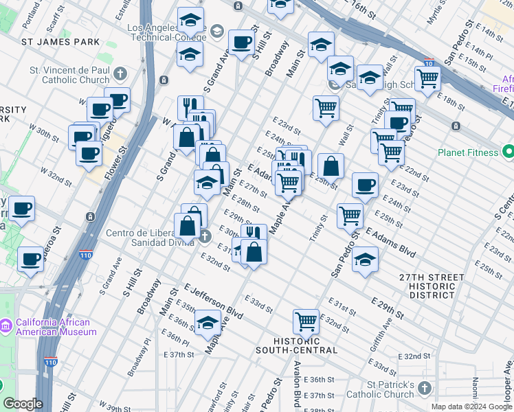 map of restaurants, bars, coffee shops, grocery stores, and more near 220 East 27th Street in Los Angeles