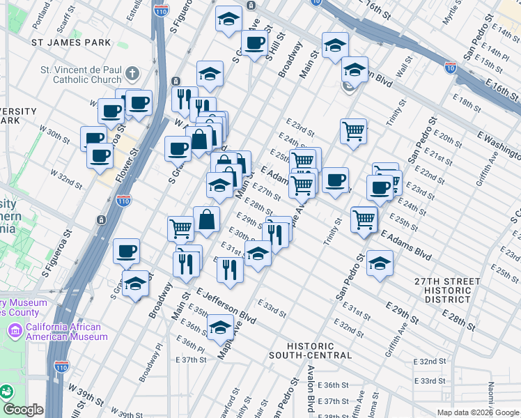 map of restaurants, bars, coffee shops, grocery stores, and more near 2722 South Main Street in Los Angeles