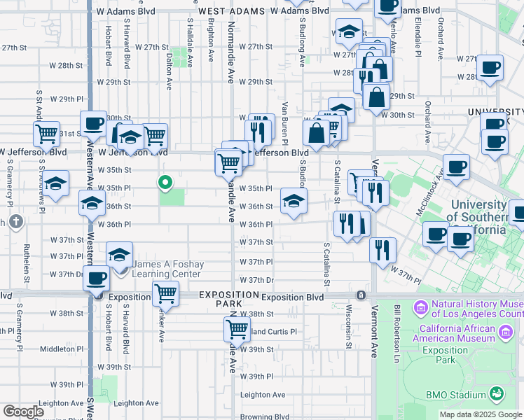 map of restaurants, bars, coffee shops, grocery stores, and more near 1355 West 36th Street in Los Angeles