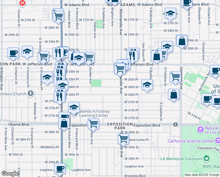 map of restaurants, bars, coffee shops, grocery stores, and more near 1461 West 36th Street in Los Angeles