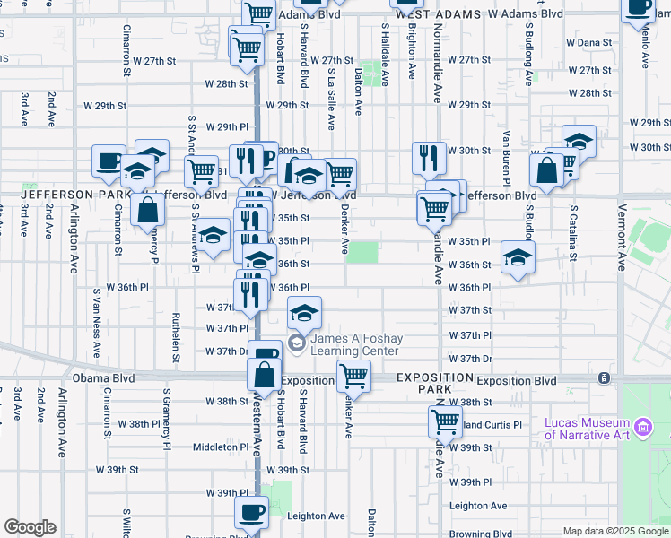 map of restaurants, bars, coffee shops, grocery stores, and more near 1559 West 36th Street in Los Angeles