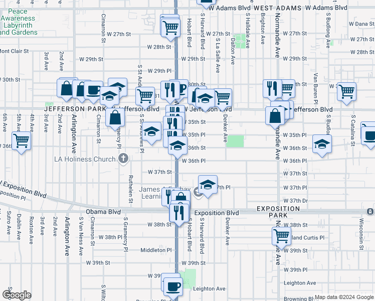 map of restaurants, bars, coffee shops, grocery stores, and more near 1665 West 36th Street in Los Angeles