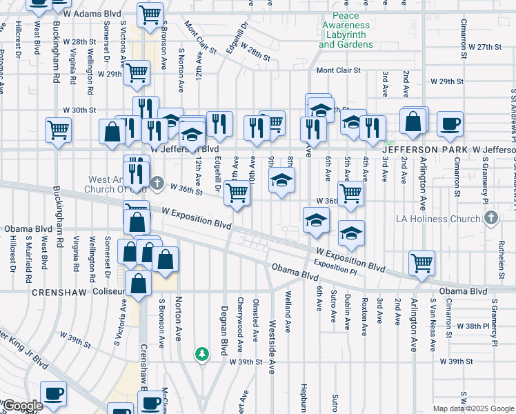 map of restaurants, bars, coffee shops, grocery stores, and more near 2909 West 36th Street in Los Angeles
