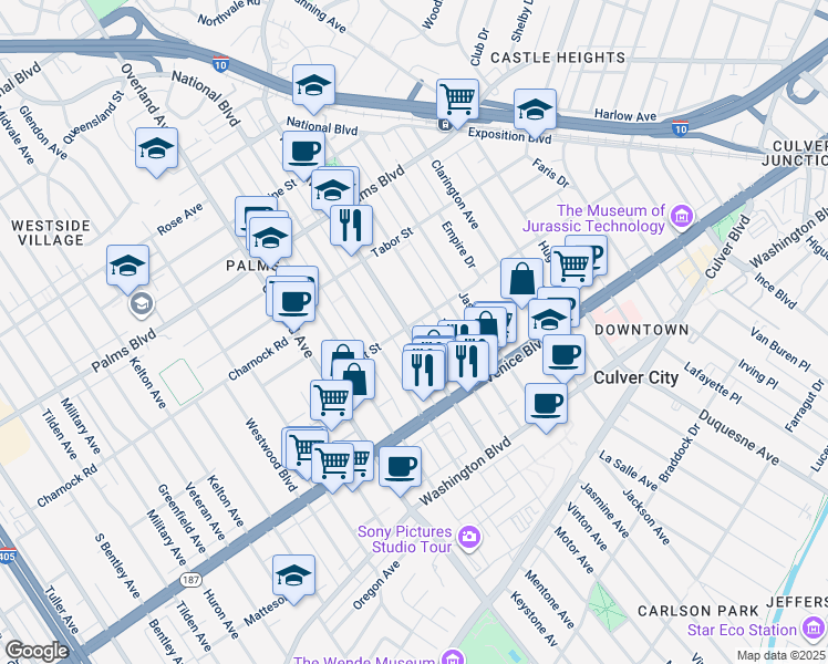 map of restaurants, bars, coffee shops, grocery stores, and more near 3690 Motor Avenue in Los Angeles