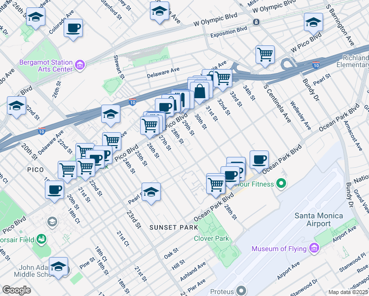 map of restaurants, bars, coffee shops, grocery stores, and more near 2308 28th Street in Santa Monica