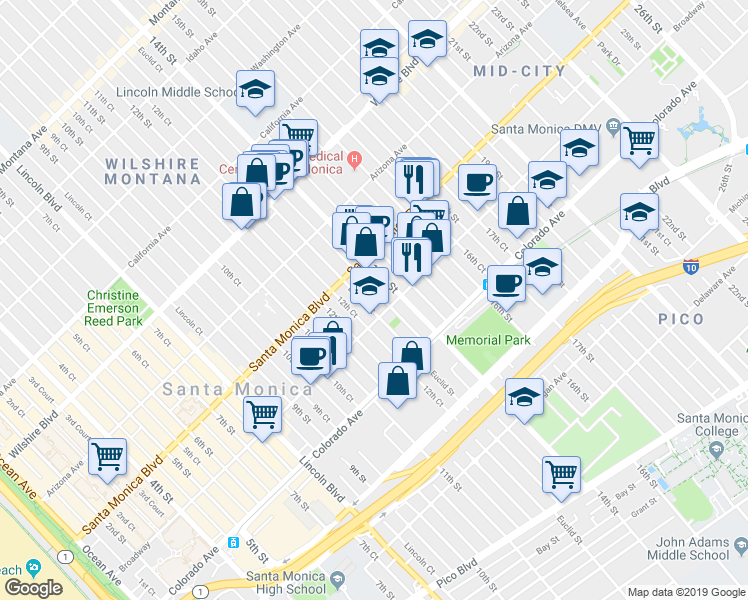 map of restaurants, bars, coffee shops, grocery stores, and more near 1438 14th Street in Santa Monica
