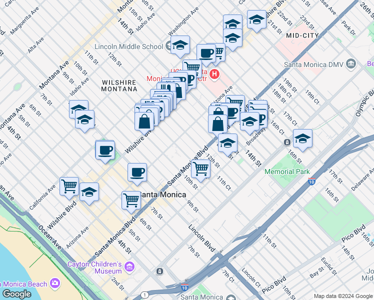 map of restaurants, bars, coffee shops, grocery stores, and more near 1315 11th Street in Santa Monica
