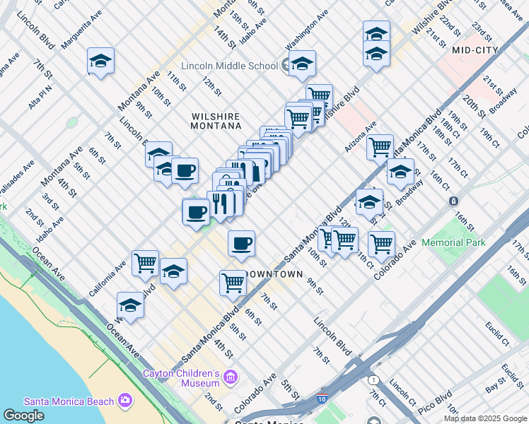 map of restaurants, bars, coffee shops, grocery stores, and more near 1000 Wilshire Boulevard in Santa Monica