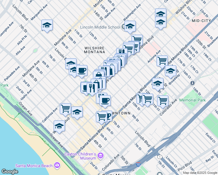 map of restaurants, bars, coffee shops, grocery stores, and more near in Santa Monica