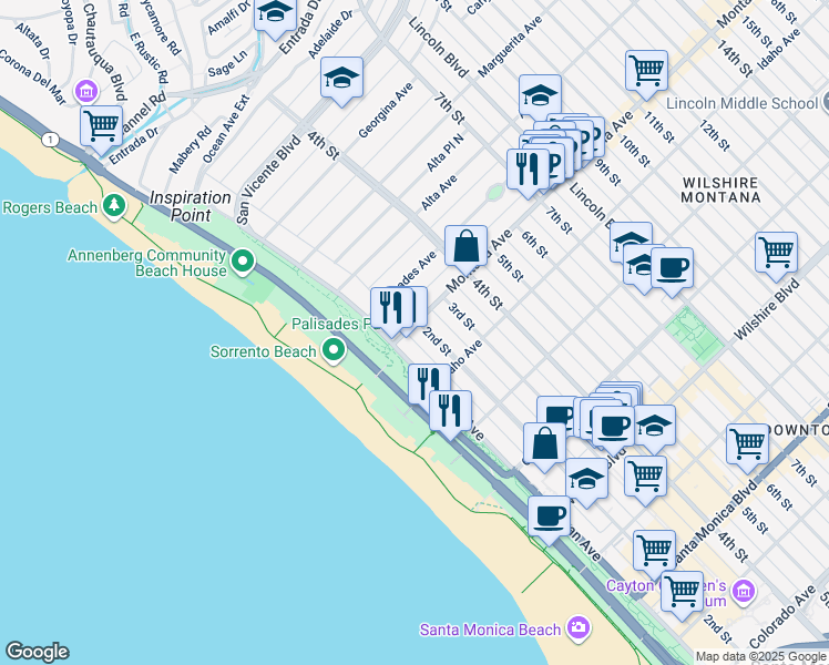 map of restaurants, bars, coffee shops, grocery stores, and more near in Santa Monica