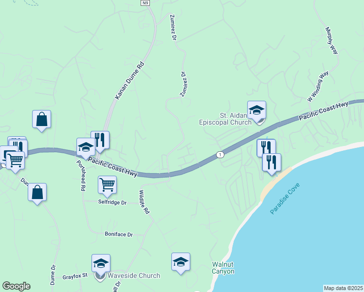 map of restaurants, bars, coffee shops, grocery stores, and more near 6363 Zumirez Drive in Malibu