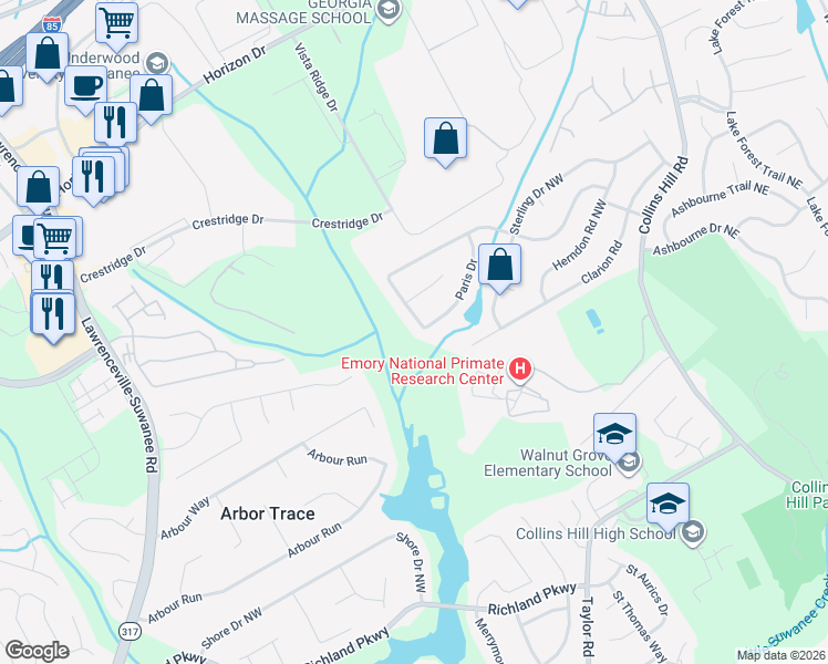 map of restaurants, bars, coffee shops, grocery stores, and more near 230 Paris Drive in Lawrenceville