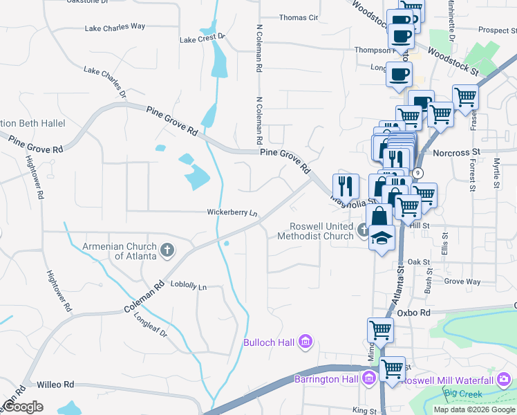 map of restaurants, bars, coffee shops, grocery stores, and more near 300 Wickerberry Lane in Roswell